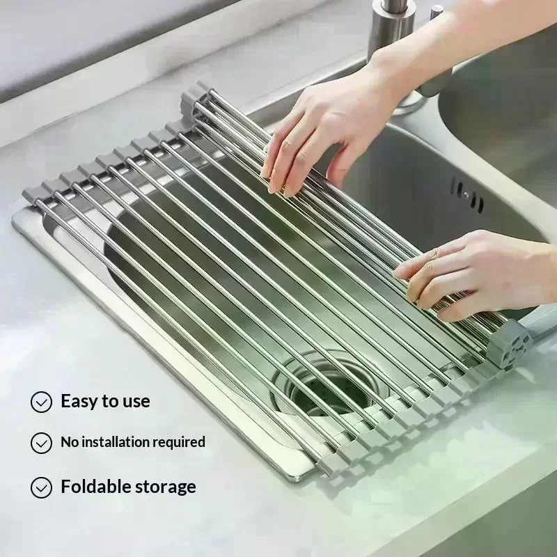 Foldable Stainless Steel Sink Drying Rack Kitchen Multifunctional Dish Drainer For Vegetable Fruit Storage Rollable