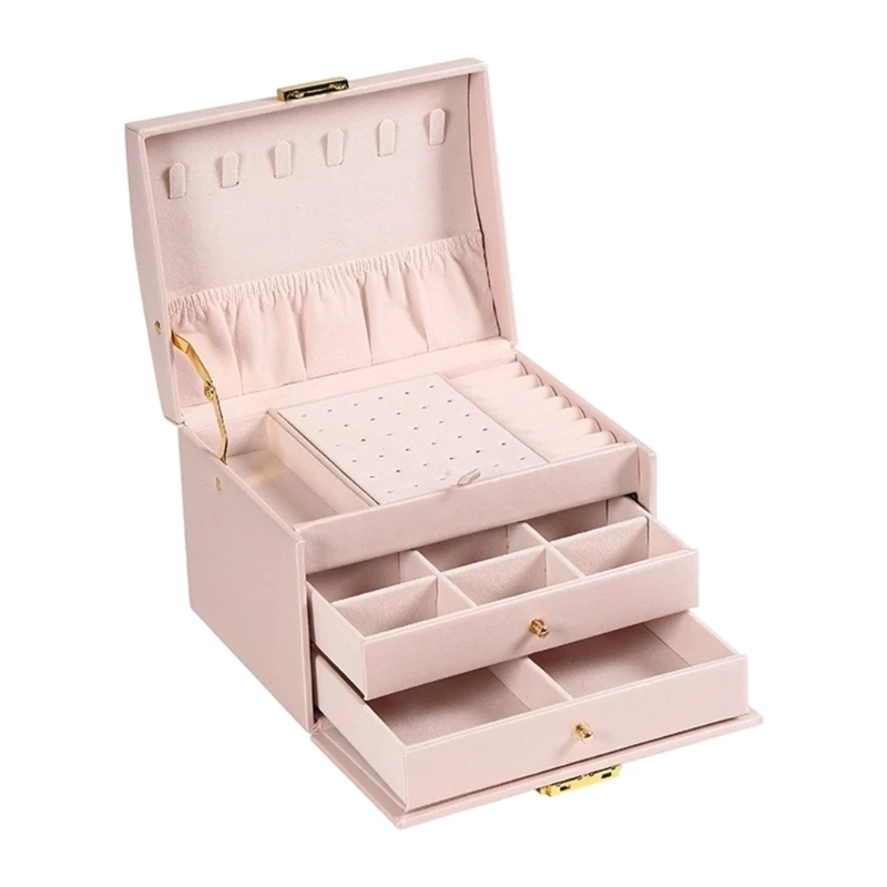 Three-Level Jewelry Storage Box with Leather-Like Exterior, Two Drawers and Dedicated Ring, Earring and Necklace Areas