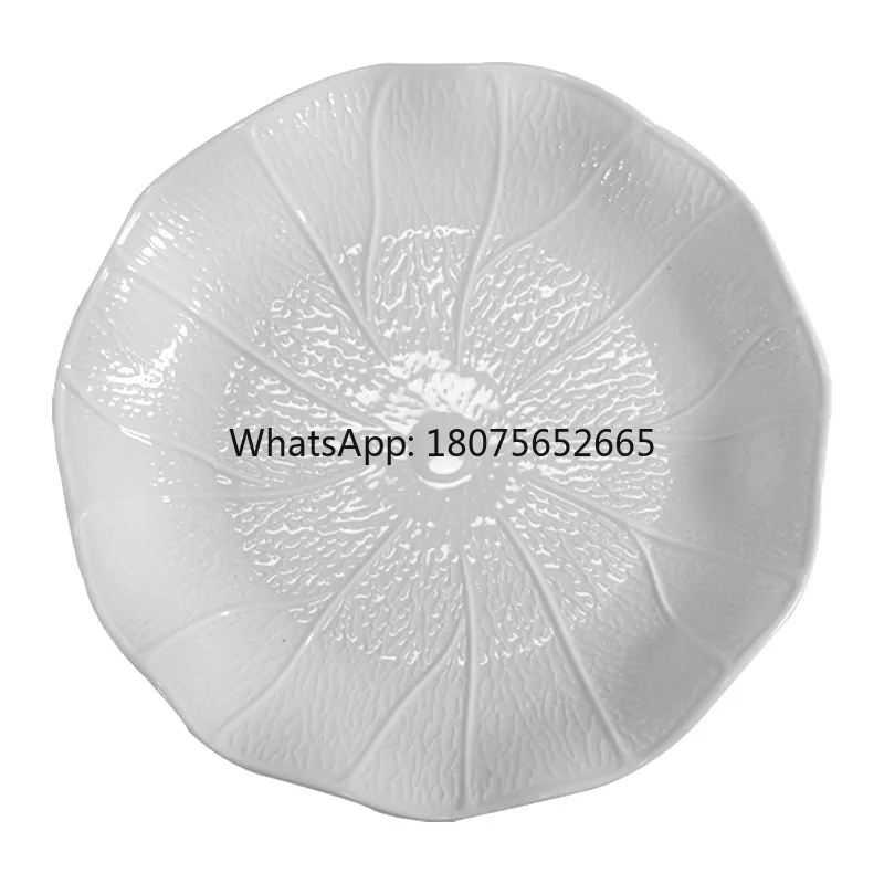 Nordic style creative tableware embossed lotus pattern pure white high-end ceramic plate