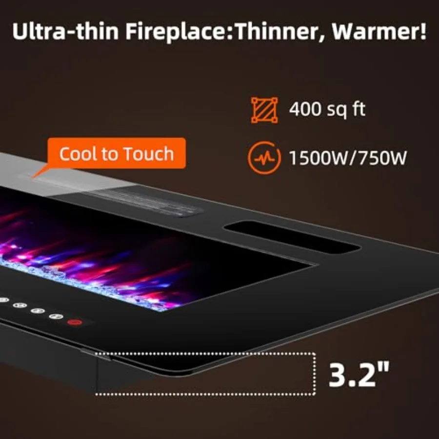 مدفأة كهربائية رفيعة للغاية مقاس 50 بوصة لغرفة المعيشة وغرفة النوم والمكتب قائم بذاته أو سخان مثبت على الحائط مع جهاز تحكم عن بعد