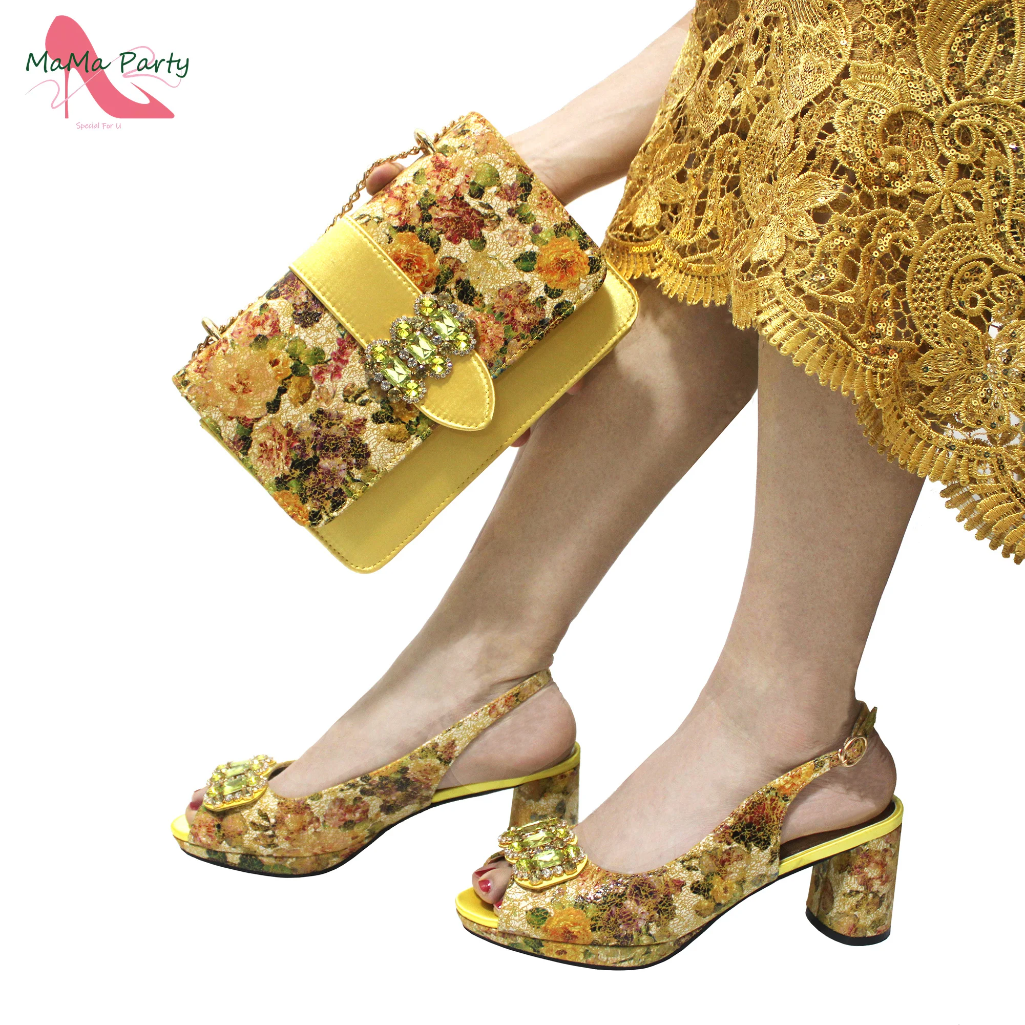 2024 Mature Style High Quality Comfortable Heels Italian Women Shoes and Bag Set with Shinning Crystal in Yellow Color