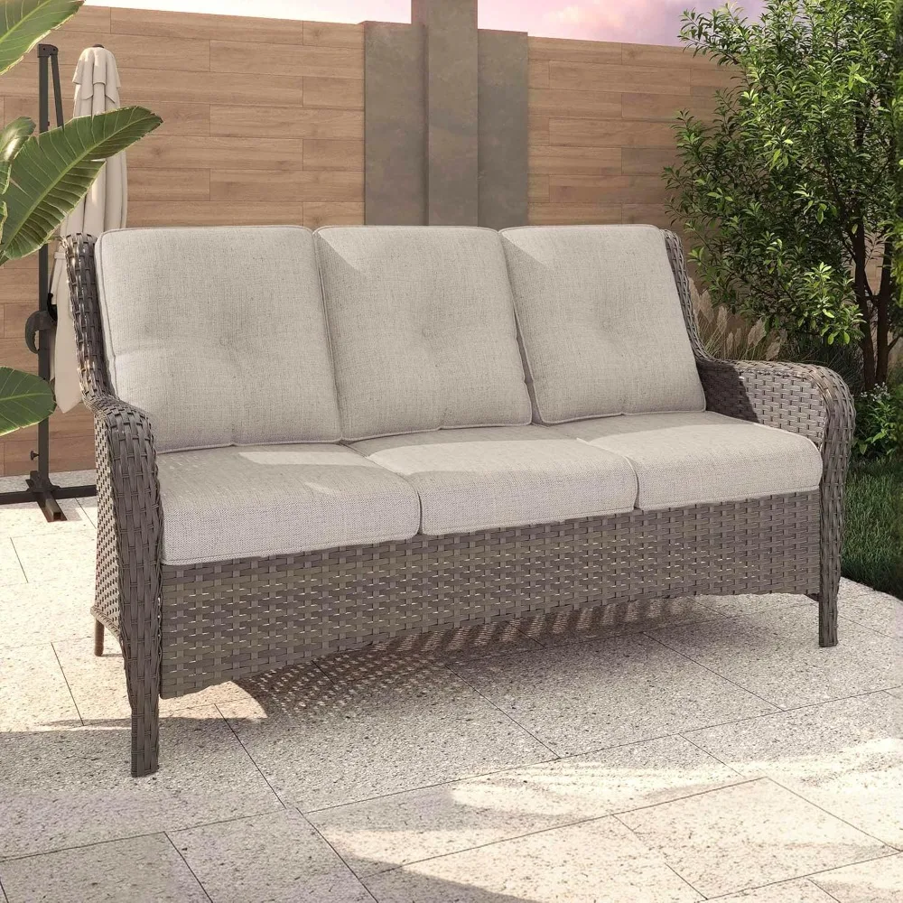 

Outdoor Couch Patio Sofa 3 Seater, Wicker Sofa with Seat and Back Cushion, Lounge Couch Furniture for Porch, Backyard, Balcony,