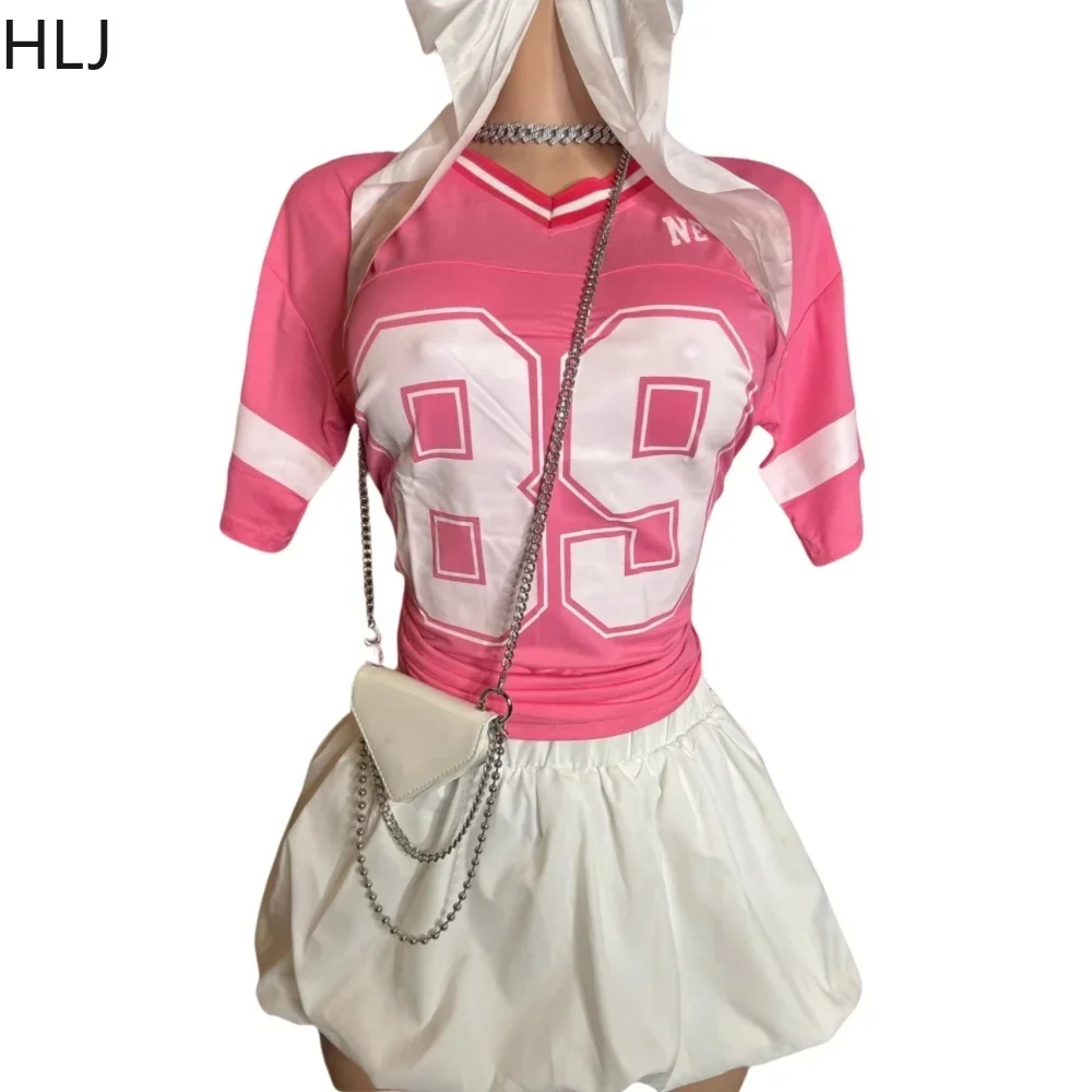 HLJ Sweet Women Bubble Skirts Two Piece Sets Fashion Letter Print V Neck Tshirt And Mini Skirts Outfits Female Trend Streetwear