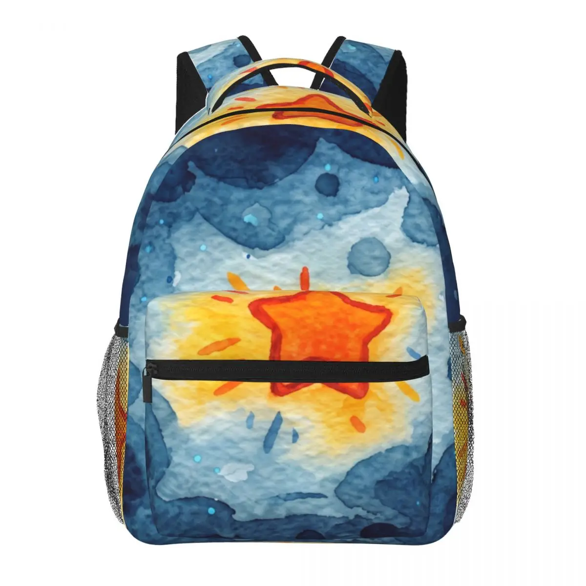 Punk Printed Backpack Center Glowing Star Watercolor Style Dark Blue Orange Streetwear Bookbag for Teens College Travel Concert