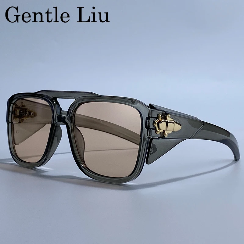 

Oversized Square Shield Sunglasses Men 2025 Luxury Brand Steampunk Double Beam Goggle Sun Glasses For Male Punk Eyewear UV400