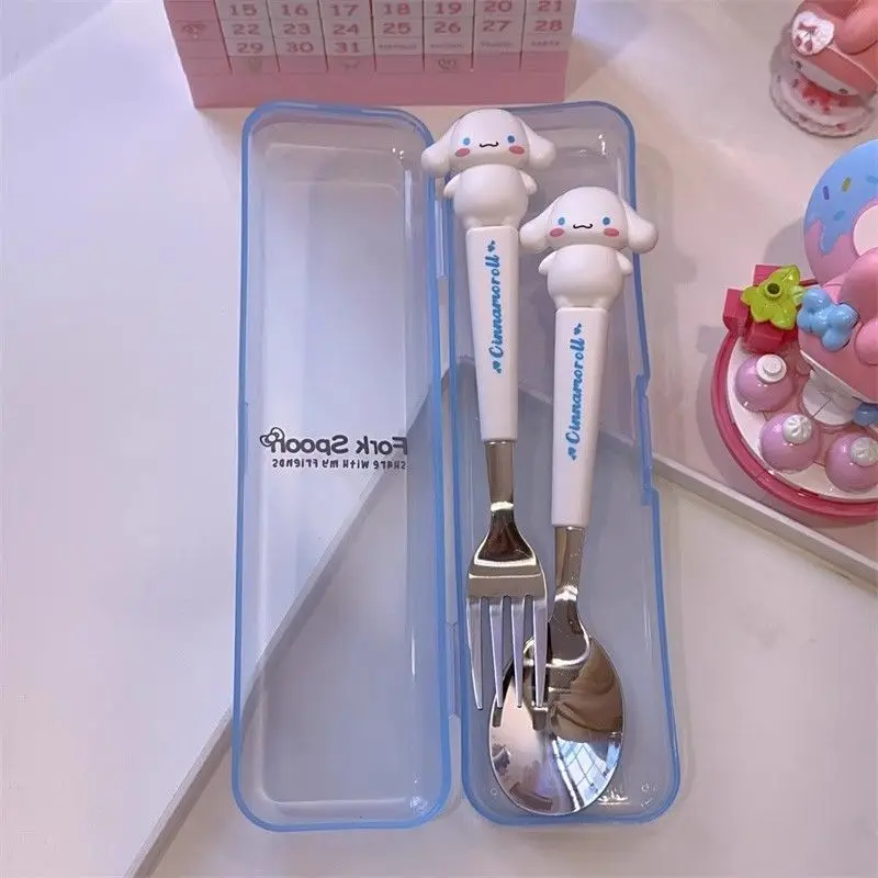 MINISO Tableware Hello Kitty Kuromi Cartoon Cute Stainless Steel Forks Spoon Portable Independent Storage Practical Delicate Y2k