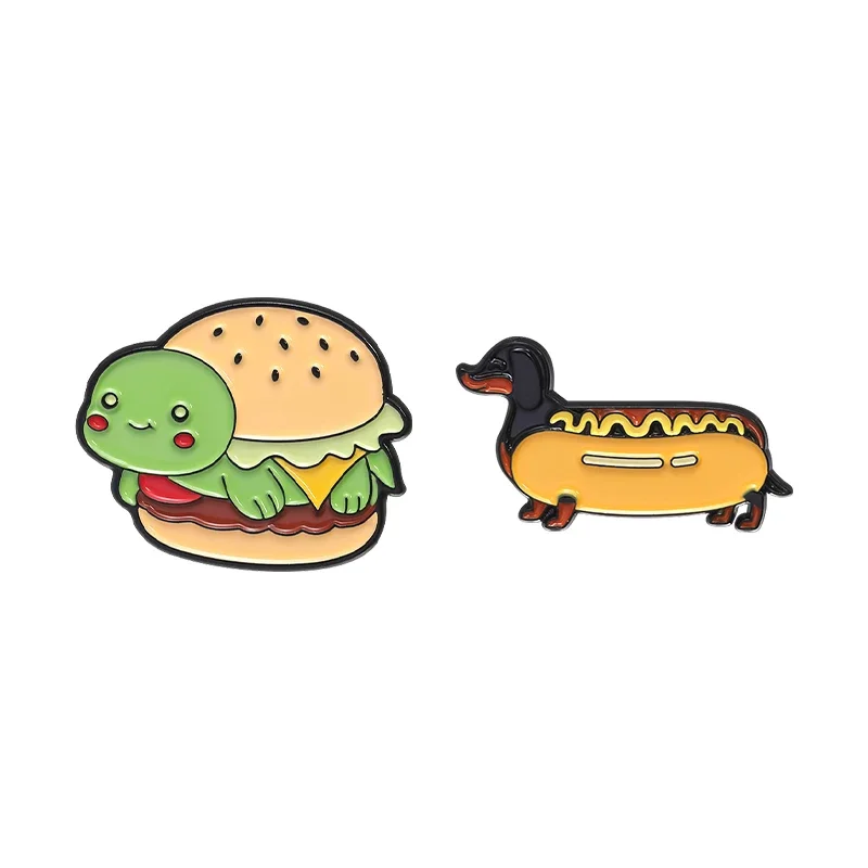 Cute Burger Turtle Hotdog Dachshund Enamel Pins Cartoon Animal Food Brooches Clothes Lapel Badge Funny Jewelry Gift for Friends