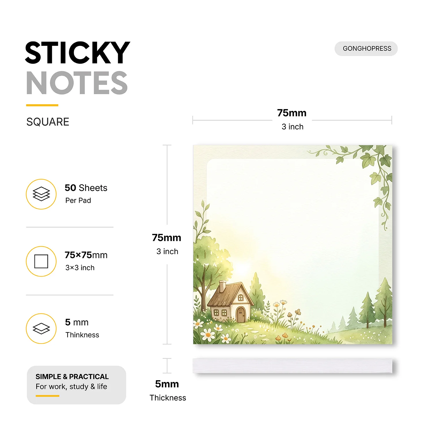 2pcs Woodland Cottage Sticky Notes, Forest Nature Self-Adhesive Memo Pads, 100 Sheets Total, Cute Floral Garden Removable Notes