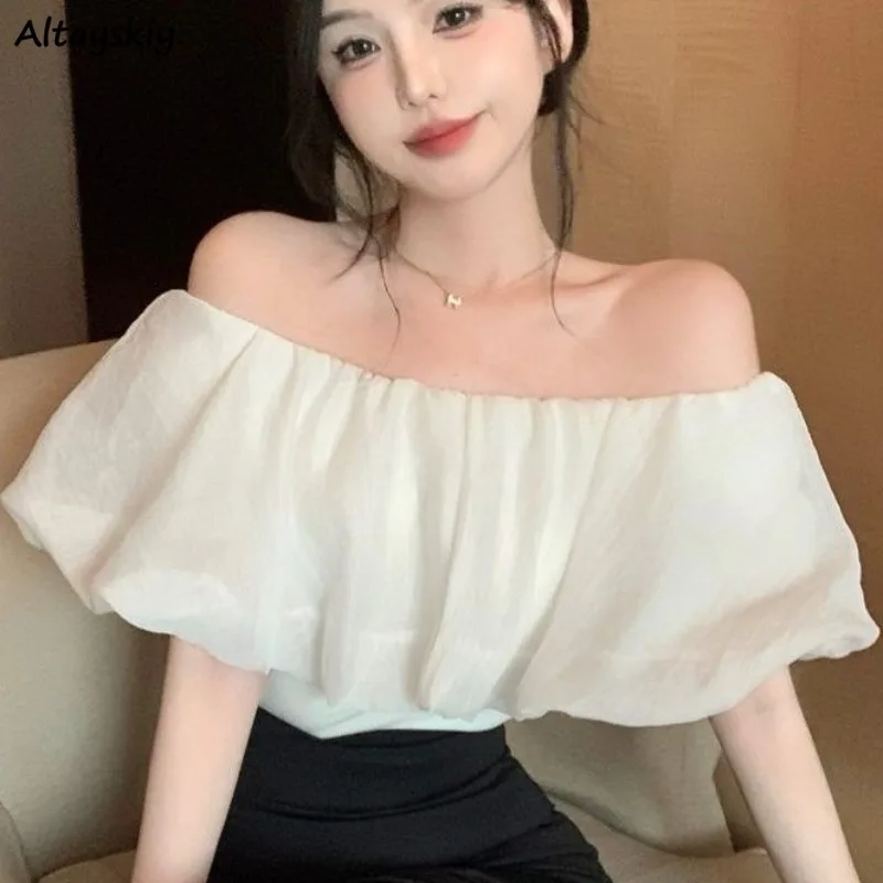 Slash Neck T-shirts for Women Solid Thin Summer Tops Korean Style Off Shoulder Chic New Trendy Fitness Elegant Female Minimalist