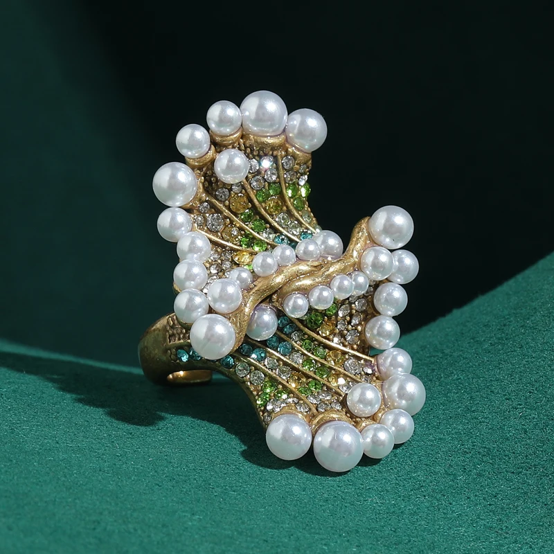 

Colored Crystal Rings Vintage Sea Wave Retro Designer Pearl Beads Art Deco Jewelry Antique Gold Plated Stone Luxury Birthday New