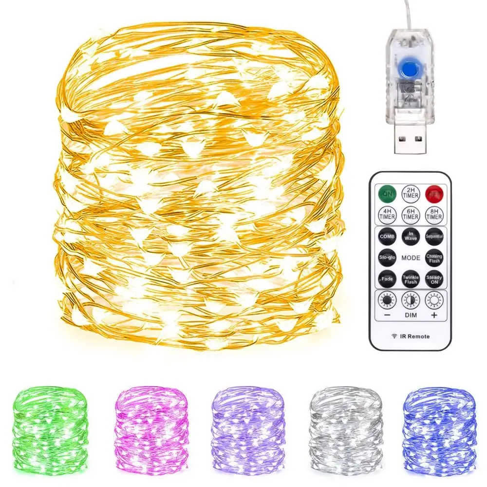 2 Pack 200 LED 66ft Fairy Lights with Remote Control & Timer 8 Modes Silver Wire USB Plug in String Lights Warm White