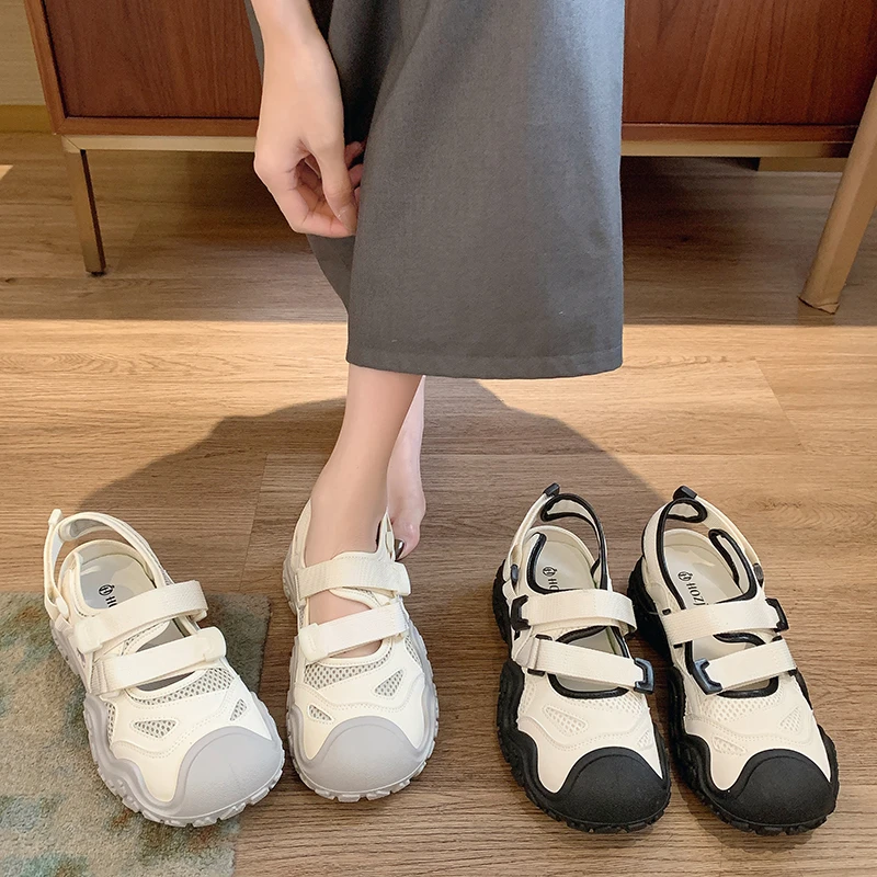 

Women's Sandals 2026 Summer Fashion Casual Baotou Round Heel with Solid Color Buckle Sports Sandals Non-slip Sandals