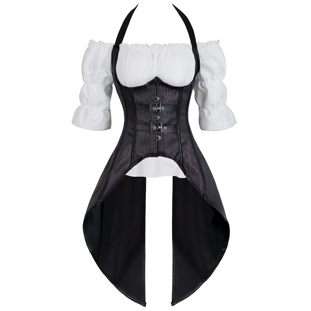 SteamPunk Sexy Corset Bustier Two Pieces White Long Straps Blouse Top Vest Corsets Pirate Lingerie Irregular Plus Size Costumes