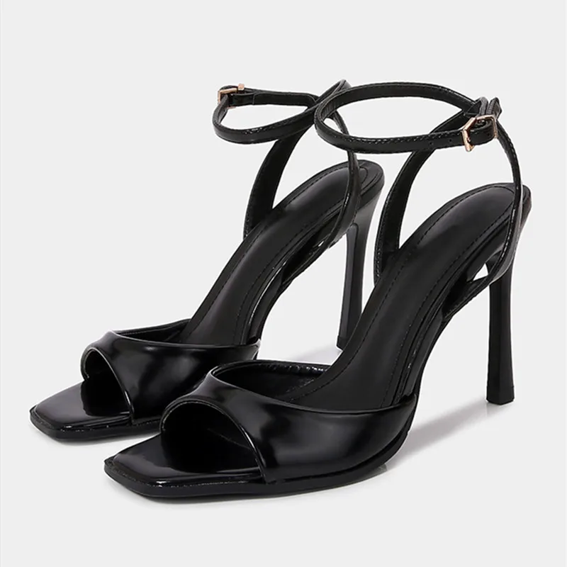 Sandalias de tacón con hebilla y correa en el tobillo de charol negro para mujer, zapatos sexis cuadrados con punta abierta y tacones altos, zapatos elegantes de fiesta y oficina para verano