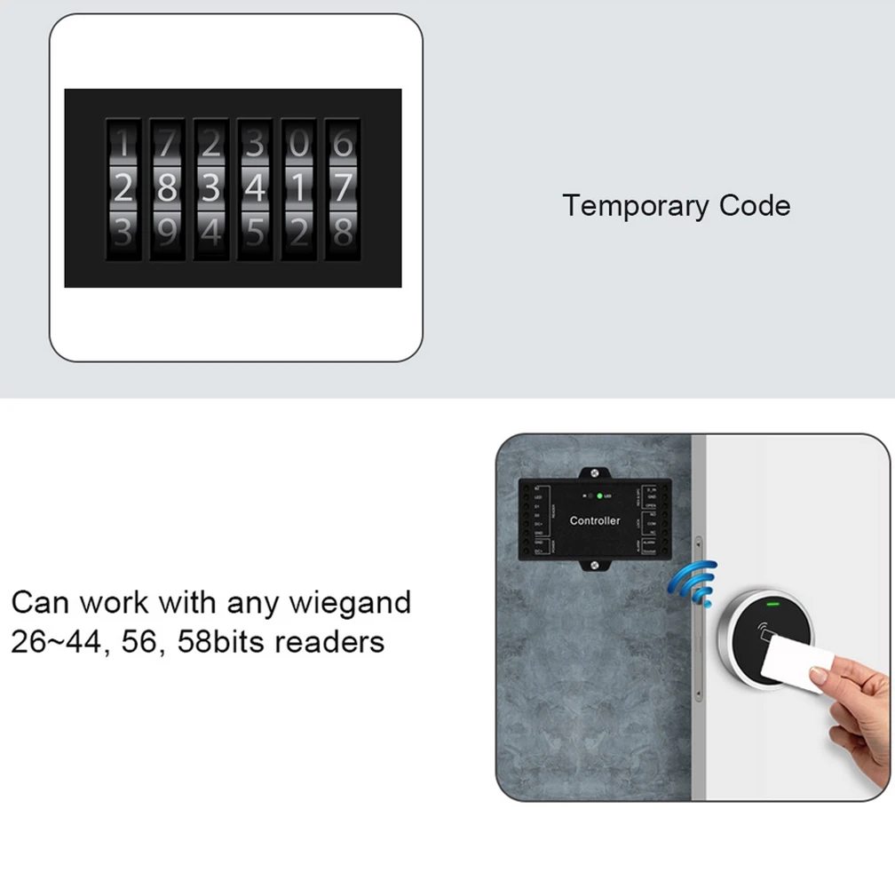 Controlador wifi Tuya con entrada wiegand, control de acceso, vista de puerta, registros de apertura y acceso remoto, compatible con lector de