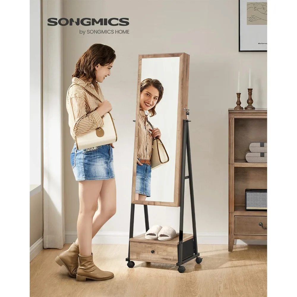 SONGMICS Jewelry Cabinet Floor Standing, Lockable Jewelry Organizer with High Full-Length Mirror, Bottom Drawer, Shelf, Wheels