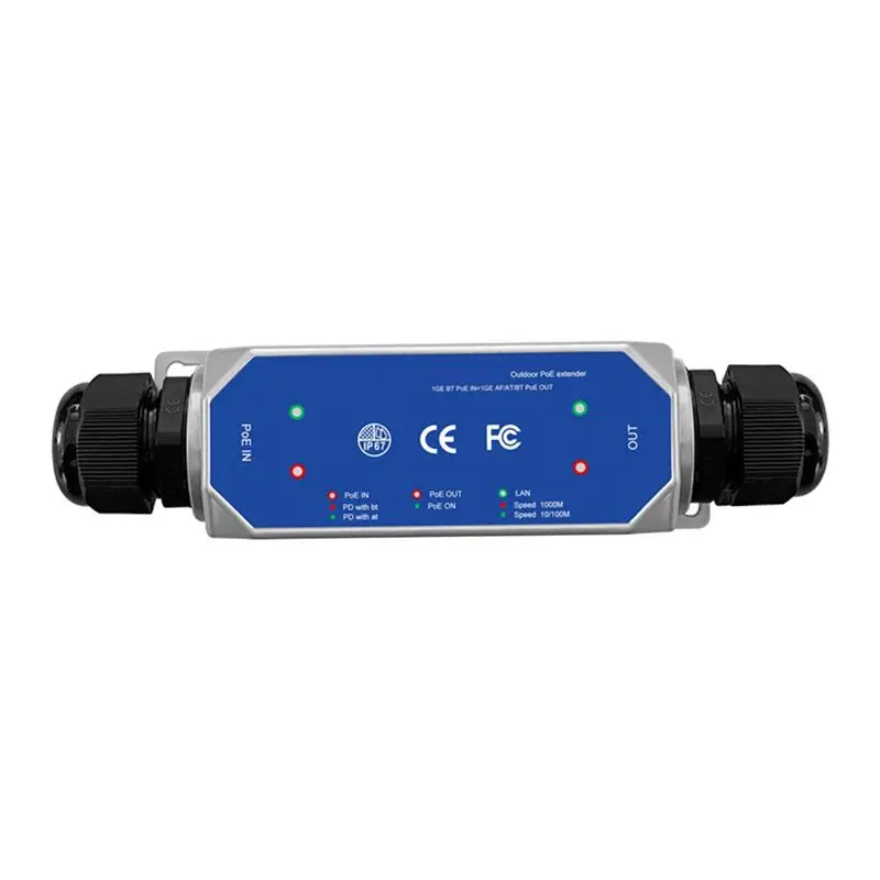 

AC54-DC37-57V IP67 100M121 1 To1 Outdoor Poe Extender 1BT In 1BT Out Max 90W Waterproof Extender LED 1Gbps