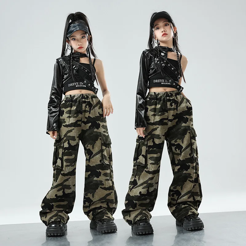 Nuove ragazze costume da ballo jazz in pelle manica singola pantaloni mimetici tuta gruppo abiti da ballo di strada set fantastici abiti hip-hop