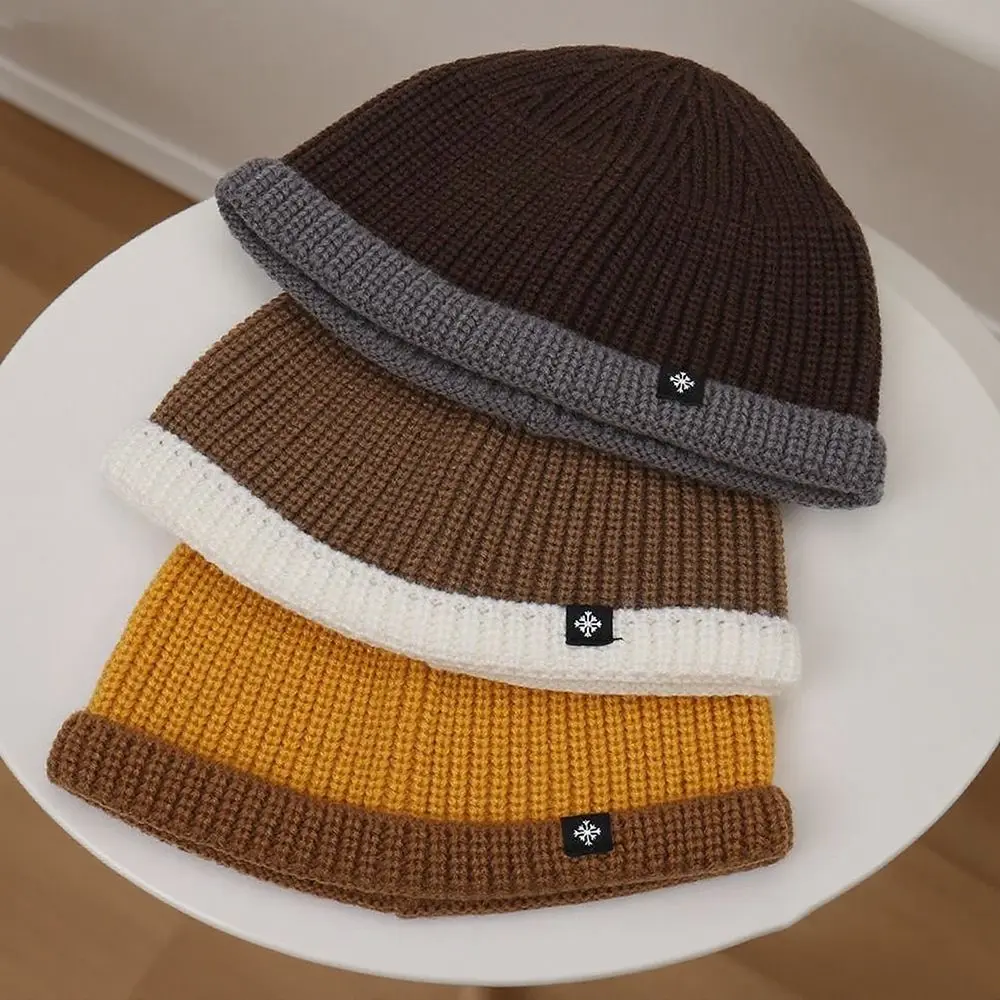 Durable Thickened Knitted Beanie Wind Resistant Stretchy Fit Cuffed Beanie Contrast Cuff Winter Skull Cap Autumn Wear