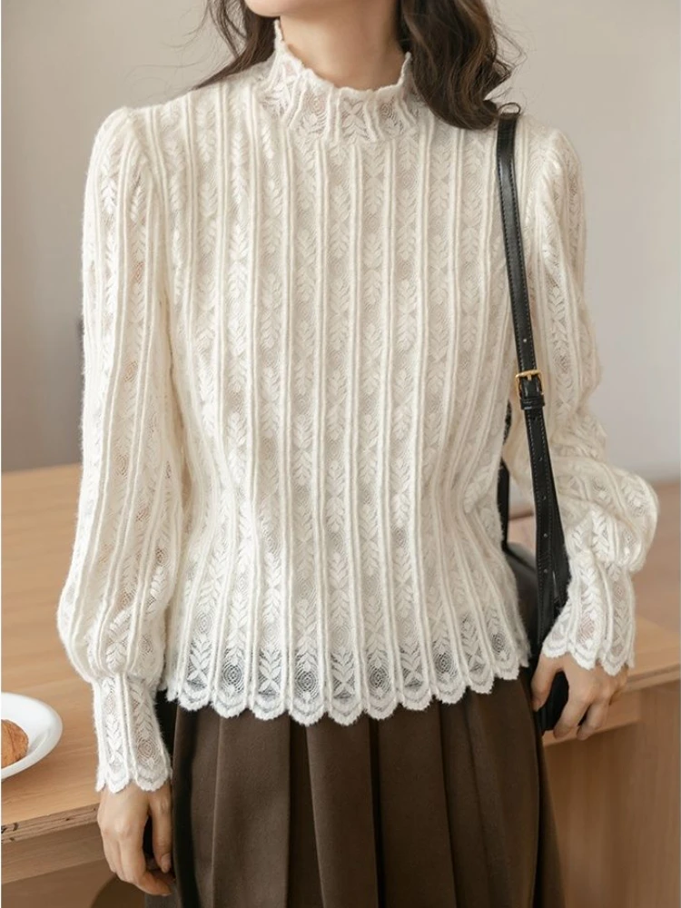 Renda manga longa camisetas femininas casual elegante sólido meia gola alta minimalista topos outono ropa mujer roupas senhoras elegantes