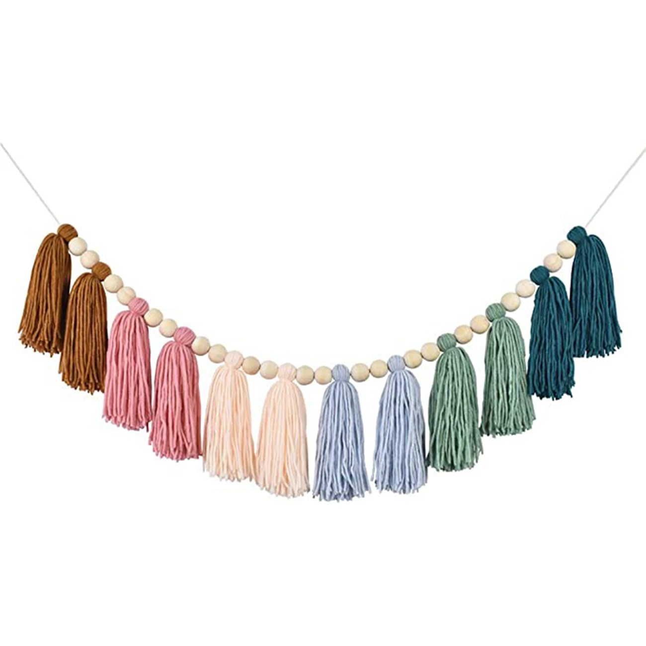 Boho Tassel Garland with Wood Bead Earth Toned Rainbow Garland for Classroom Nursery Party Kids Bedroom Room Dorm A