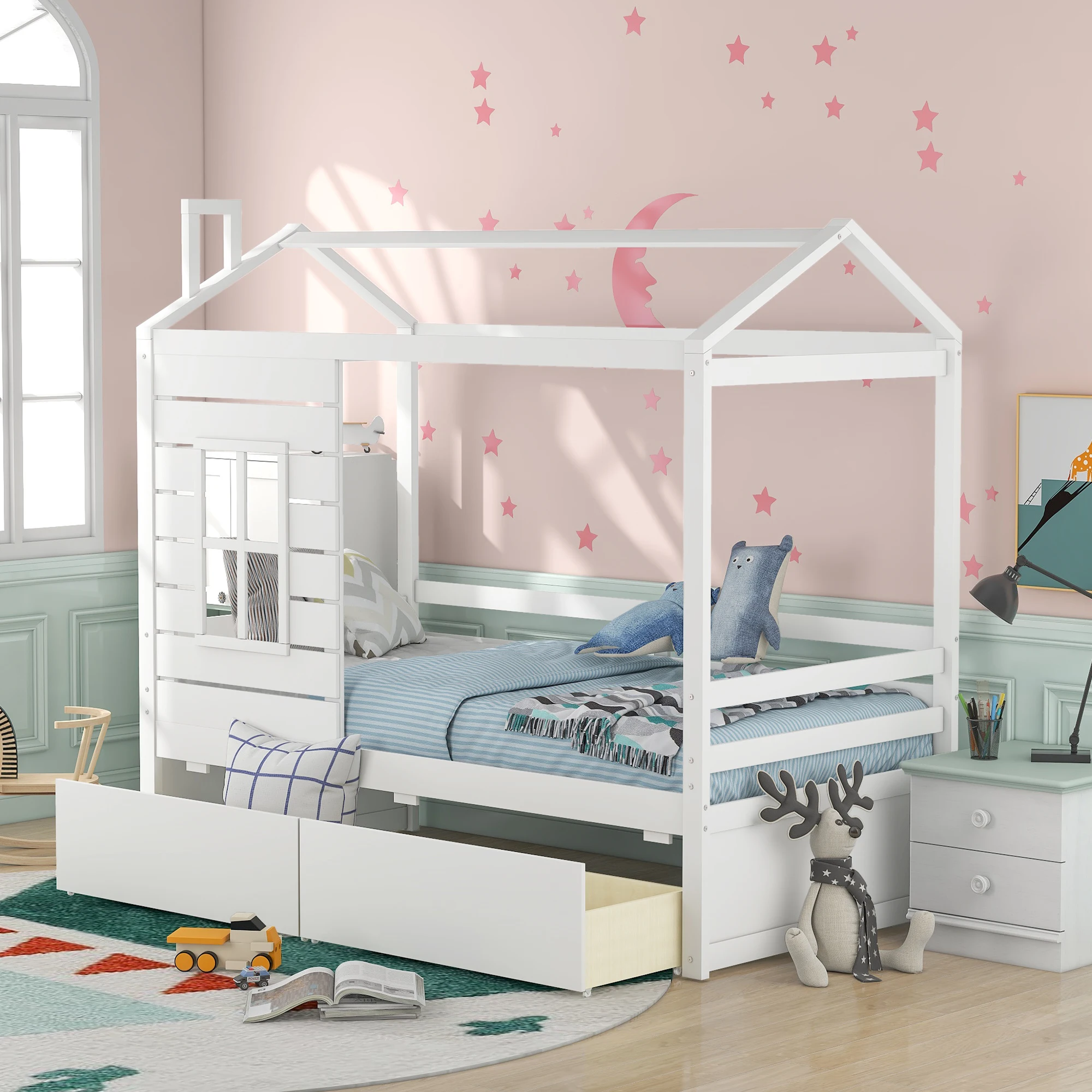 

Gray Twin Size House Bed with Two Drawers for a Spacious and Cozy Bedroom