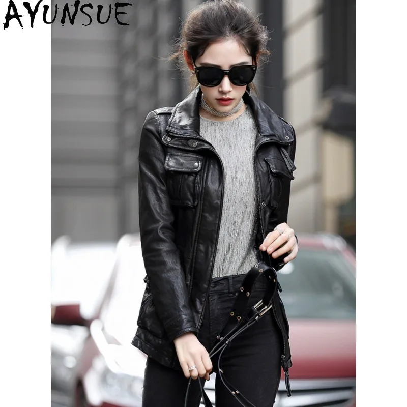AYUNSUE Full Vegetable-Tanned Sheepskin Jacket Woman Fashion Versatile Outerwear Mid-length Fitted Leather Jacket Woman Clothes
