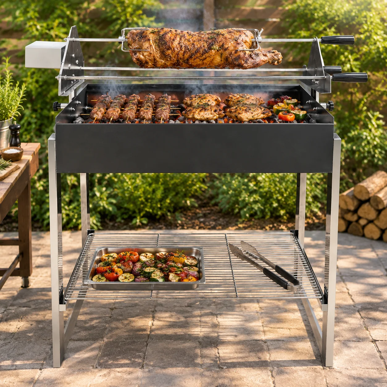 Cyprus Souvla Charcoal BBQ Grill Stainless Steel Rotisserie Spit Roaster with Adjustable Skewer System for Lamb Chicken Kebab