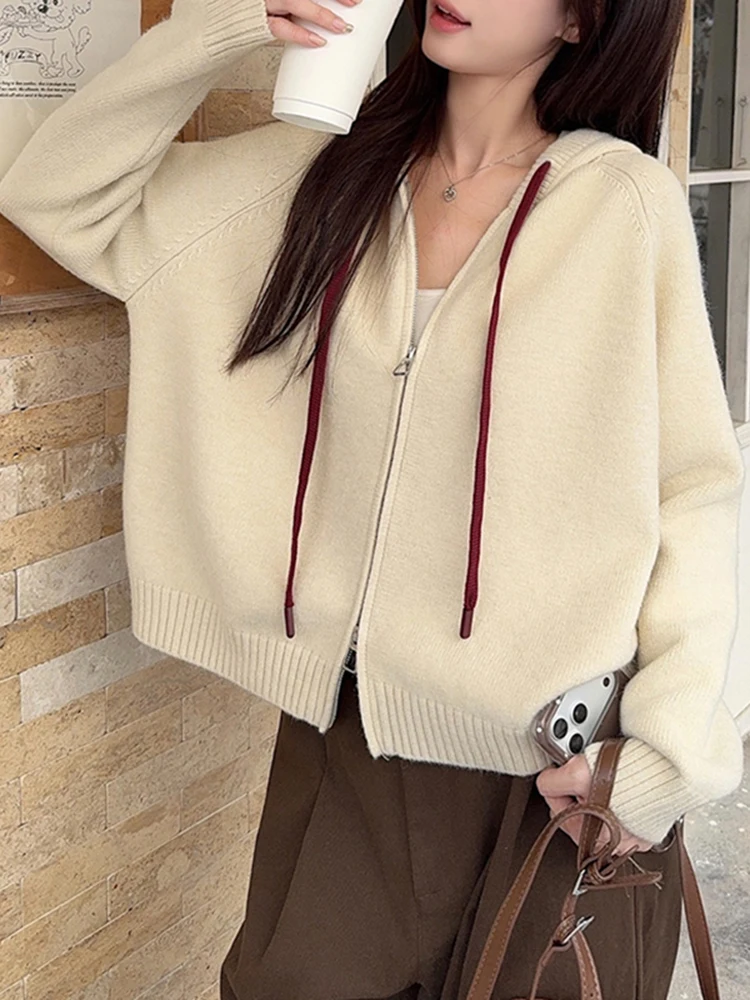 Ladies' Loose Fit Zipper Knitted Hoodie Outerwear Autumn Winter Casual Sle Long Sve Thiened Sweater Coat for Women