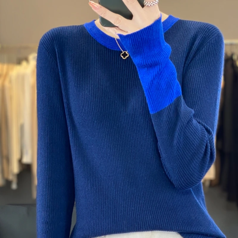 2024 New Spring and Autumn O-Neck Color matching Cashmere Sweater Women Long Sleeve Pullover Solid Color Base