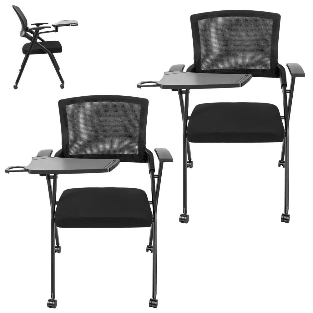 Foldable Stackable Office Chair With Writing Tablet Ergonomic Mesh Back Armrest PU Wheels Padded Seat Black For Conference