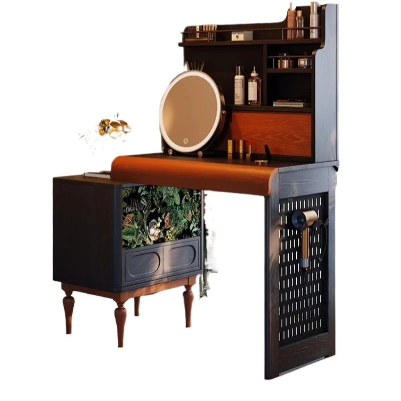 

Bedside table Dresser Integrated bedroom Solid wood dresser French retro black ash wood makeup table