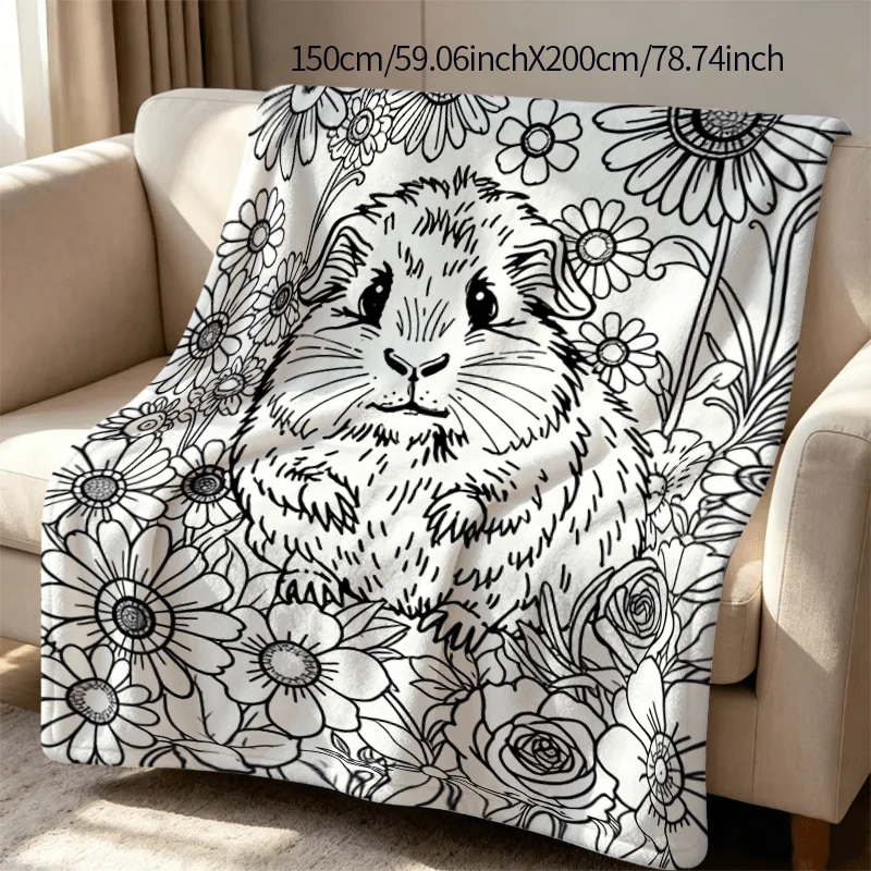 Hand-painted Flannel Throw Blanket with Cute Guinea Pig, Daisy, and Rose Prints, a Warm Blanket for Napping on the Sofa, Soft an