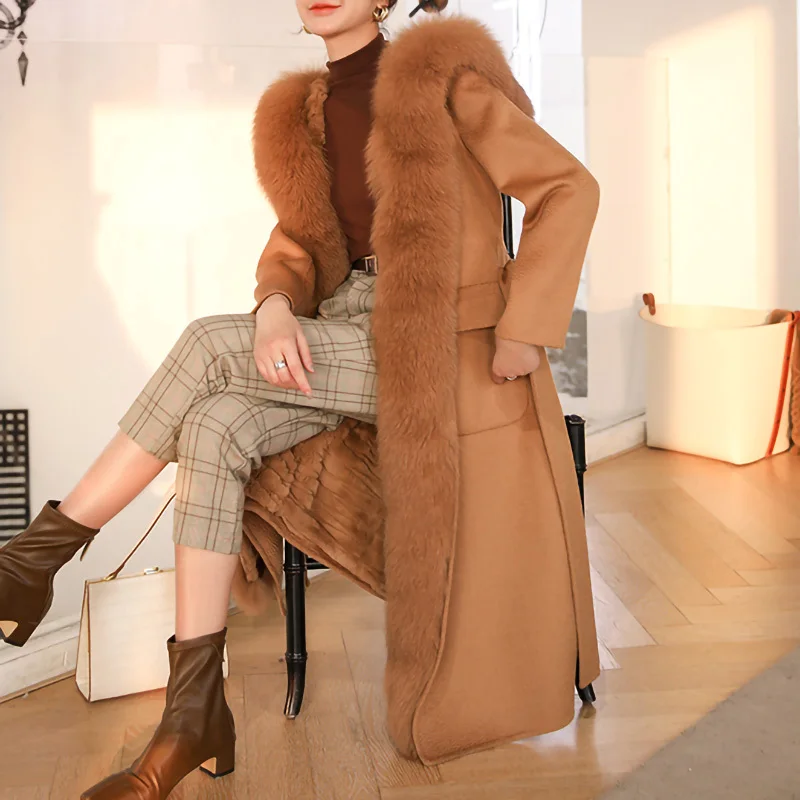 2024 Women's Luxury Winter Wool Coat Real Rex Rabbit Fur Lining Thick Warm Fox Fur Trim Trench Coat