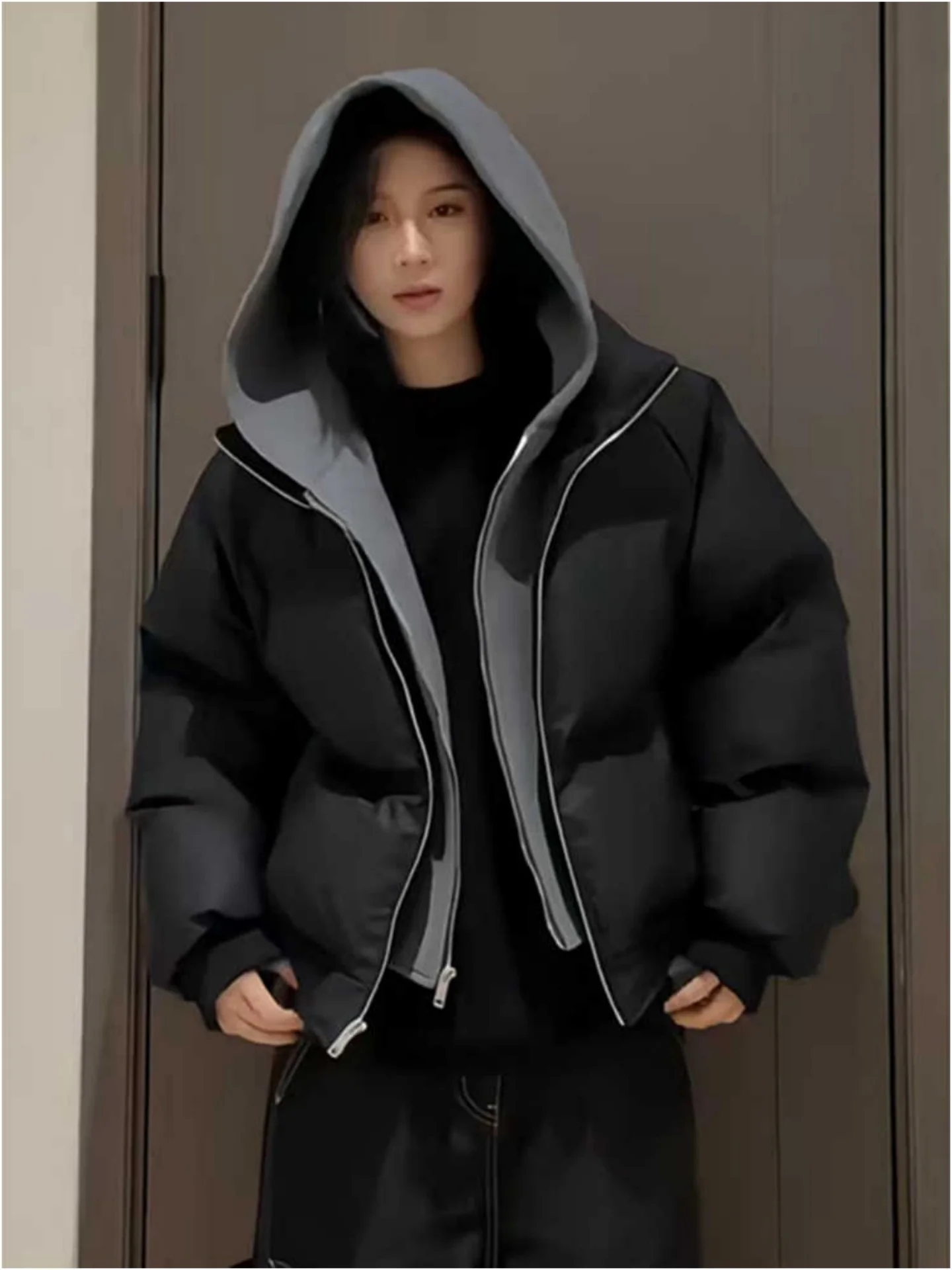 

American Sle Thiened down Cotton Jaet Men's Winter Bread Sle High Street Cool Fit Zipper Closure Warmth Youth Faion