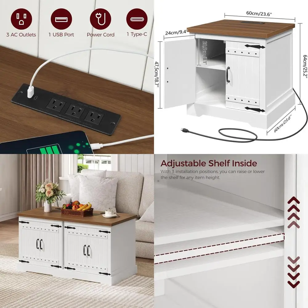 

Деревянный квадратный приставной столик с зарядной станцией, 23,6-дюймовый придиванный столик, прикроватная тумбочка в стиле амбарной двери, регулируемая полка, столик для гостиной/спальни