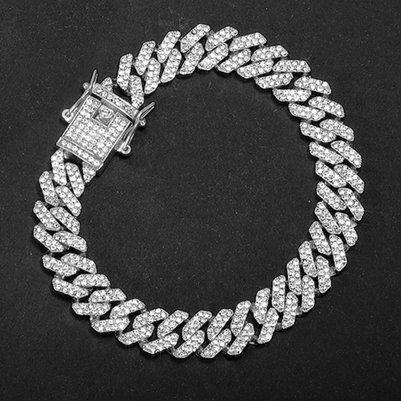 Hip Hop Men Women 12MM Prong Cuban Link Chain Bracelet Iced Out 2 Row Rhinestone Paved Miami Rhombus Cuban Chain men Jewelry