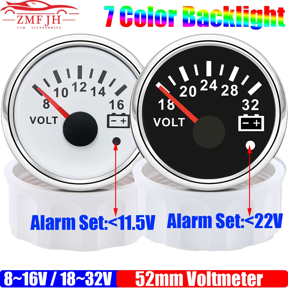 7 Color Backlight 52mm Voltmeter with Alarm 8~16V VOLTS 18~32V Voltage for Gasoline Diesel Automobile Car Marine 12V 24V Custom