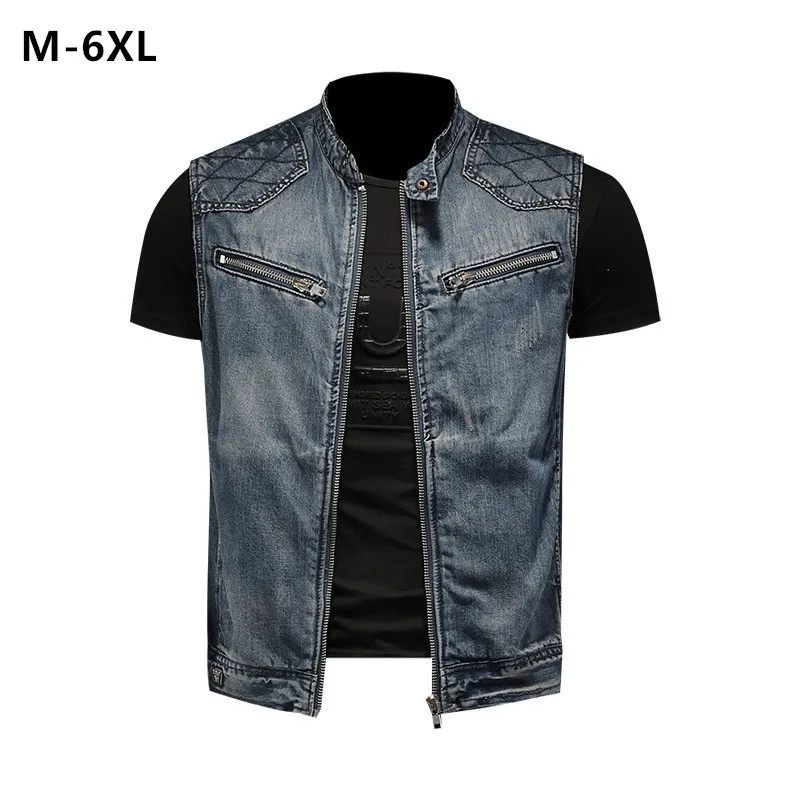 

Моторный джинсовый жилет, мужской крутой жилет с воротником-стойкой, большие размеры, популярный в европейском стиле 5XL 6XL, джинсы без рукавов для мальчиков, мужская одежда на молнии
