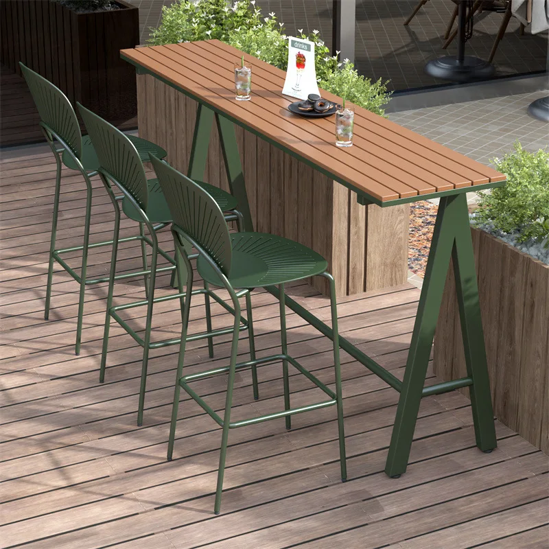 

!@Simple Outdoor High Table Chair Combination Wood Bar Table for Coffee Shops Leisure Areas Durable Metal Furniture