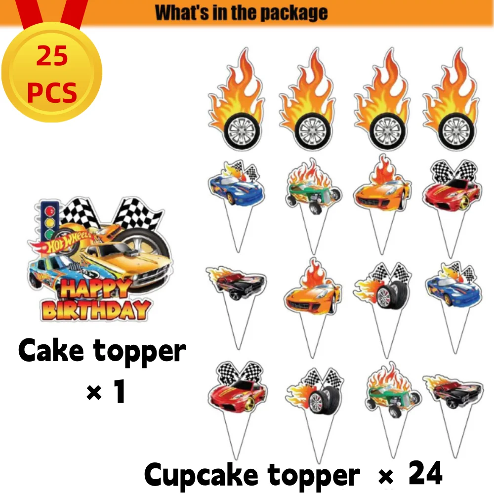 25 szt. Hot wheels ozdoby na tort samochód wyścigowy toppery do ciast na dekoracja Baby Shower urodzinowe dla chłopca