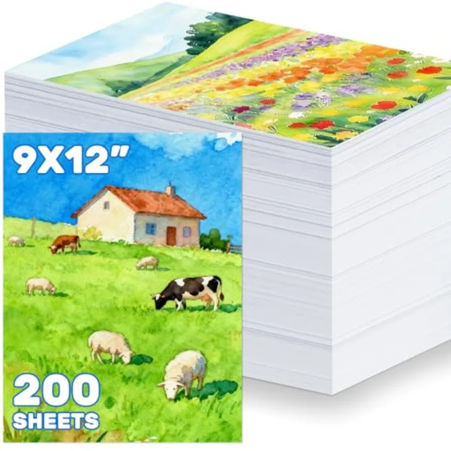 

200 Sheets 9x12" Watercolor Paper Bulk, 110lb/230gsm Cold Press White Thick Water Color Paper Pad, Drawing Painting Paper Bulk,