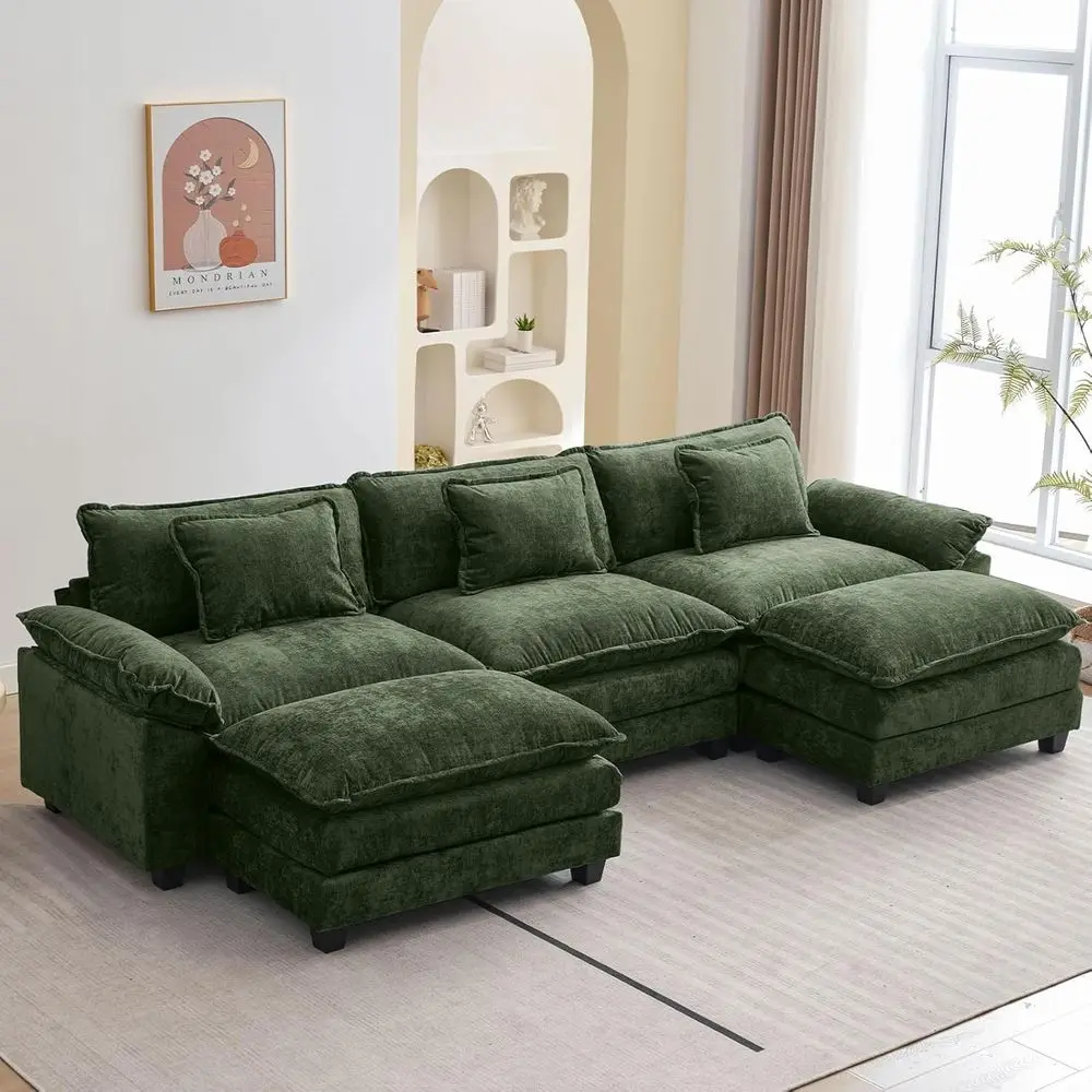 

120 Sectional Sofa with Ottoman, Cloud-Inspired Chenille Sleeper Sofa, Deep Seating with Throw Pillows for Living Room in Green