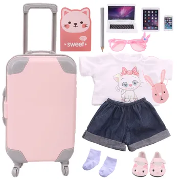 Accessori per bambole da 18 pollici Rosa Kitty Cat Vestiti per bambole Bagagli Stivali Scarpe Occhiali Calzini per 43 cm Reborn Neonato Giocattolo per bambini