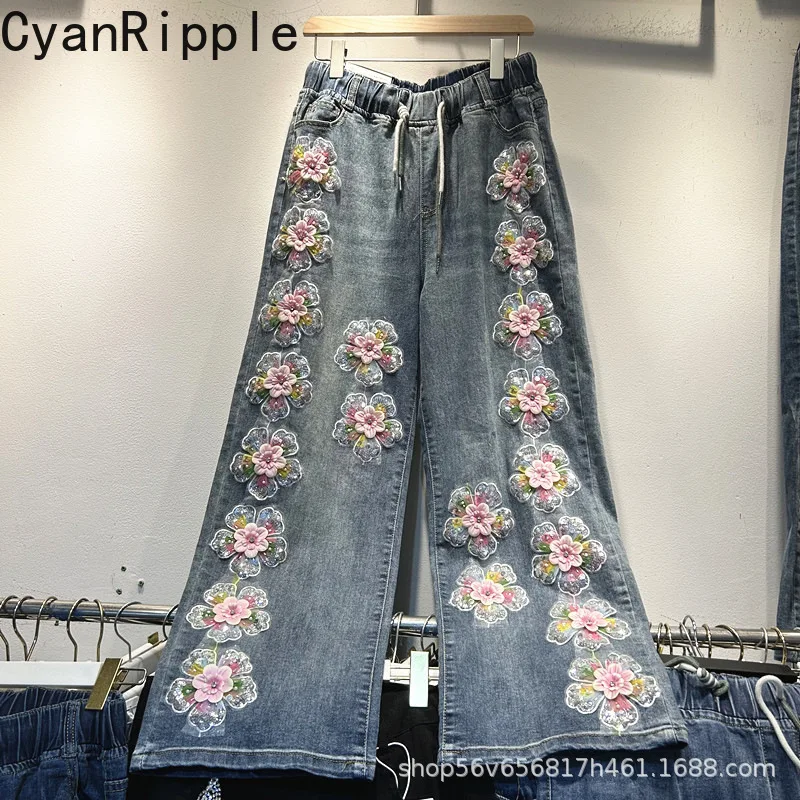 

Модные новые весенне-летние свободные джинсы с широкими штанинами для женщин, с вышивкой пайетками и цветочным узором, универсальные, с эластичным поясом, повседневные джинсовые брюки
