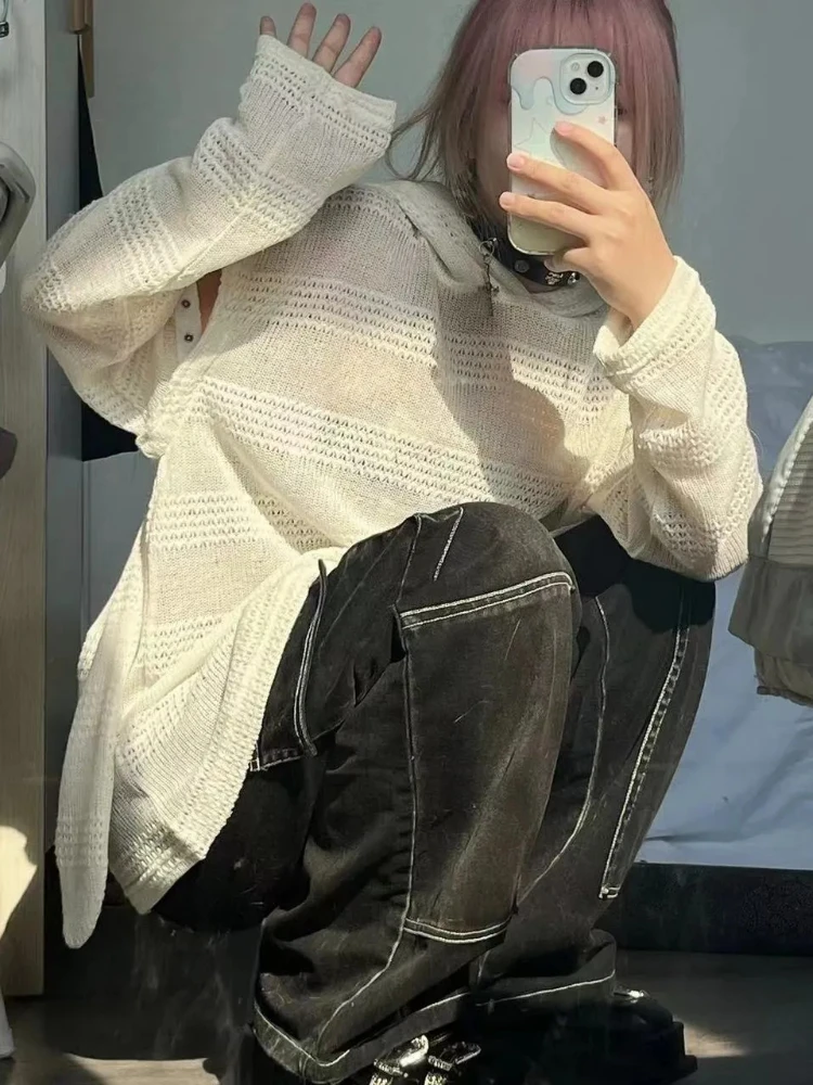 

Вязаный пуловер с капюшоном и кроличьими ушками, женский осенний свободный прозрачный свитер со съемными рукавами, готический топ Y2k Ins