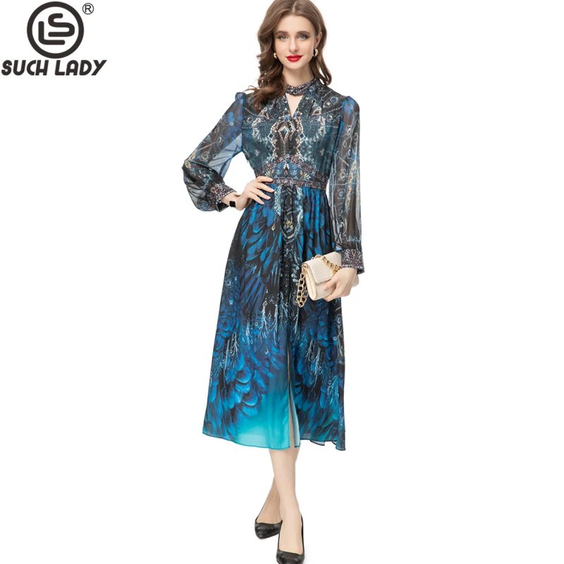 Women's Runway Dresses Stand Collar Long Sleeves Printed Sexy Keyhole High Street Elegant Designer Mid Vestidos