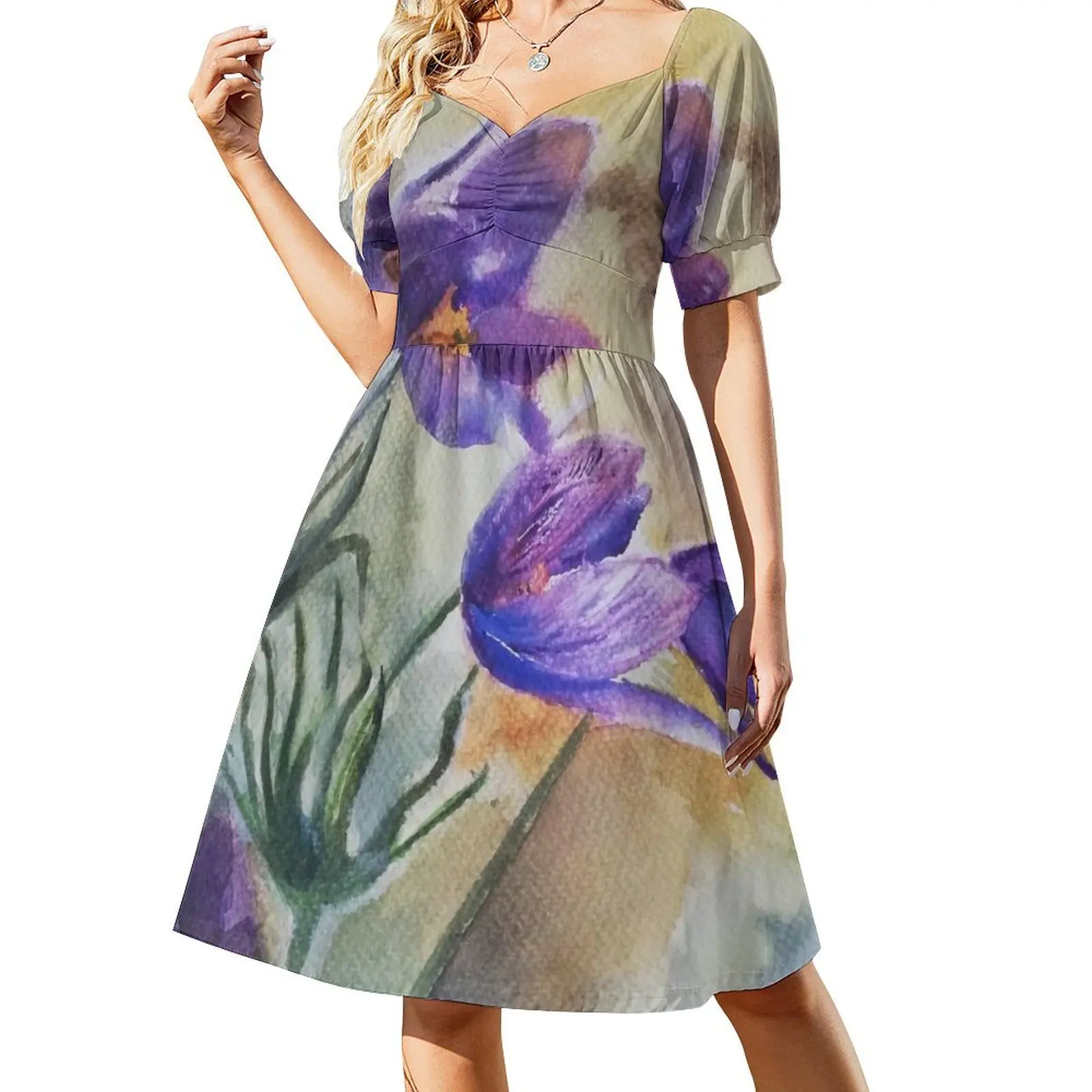 Purple flowers, pulsattilla, enchanted flowers, water coulor Short-Sleeved Dress Aesthetic clothing luxury dresses