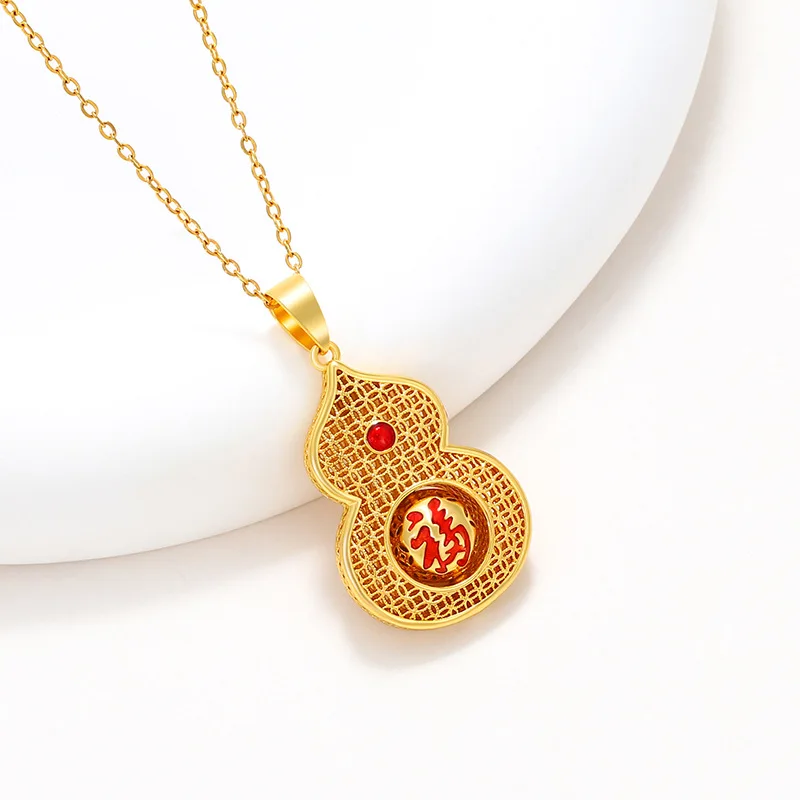 

Luxury 24K 9999 Pure Gold real gold Women's Hollow Gourd Pendant Fulu Double Full Fortune Pendant Necklace