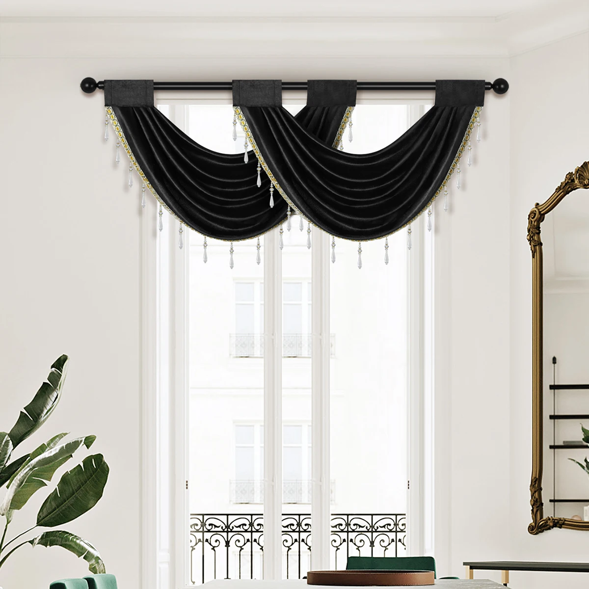 

1PC European Luxury Style Hollow Window Curtain Valance for Living Room，Rod Pocket，Morden Valance with Beads edge dow Decor